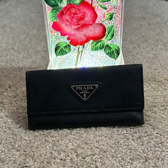 Prada Accessories - Prada Black Saffiano Leather Card Holder with Triangle Logo Plaque